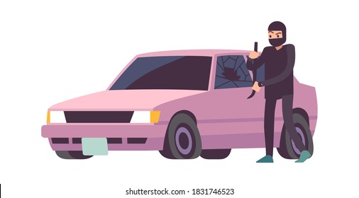 Car theft. Robbery banditry in black mask looting, take apart car, crime damage, destruction of another property, burglar remove wheels from vehicle, breaking into auto vector insurance flat concept