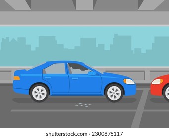 Seguridad contra el robo de coches. Escena del crimen en un garaje. Vista de la ventana lateral del coche destrozada. Plantilla de ilustración vectorial plana.