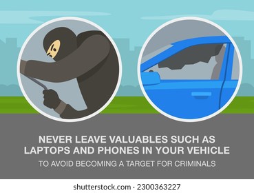 Car theft safety tips. Close-up of smashed car side window and thief with a robbery mask. Never leave valuables in your vehicle warning. Flat vector illustration template.