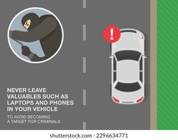 Car theft safety tips. Never leave valuables in your vehicle to avoid becoming a target for criminals. Thief with a robbery mask trying to open the car door. Top view. Flat vector illustration.