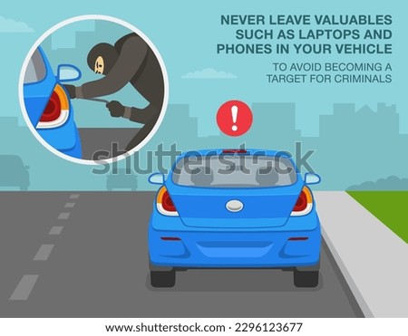 Car theft safety tips. Never leave valuables in your vehicle to avoid becoming a target for criminals. Close-up of thief with a robbery mask trying to open the car door. Flat vector illustration.