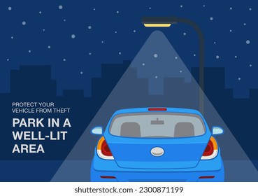 Car theft safety tips. Safe parking area at night. Protect vehicle from theft, park in a well-lit area. Close-up back view of a car. Flat vector illustration template.