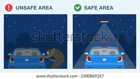 Car theft safety tips. Safe and unsafe parking area at night. Back view of a car parked in a well-lit place. Flat vector illustration template.