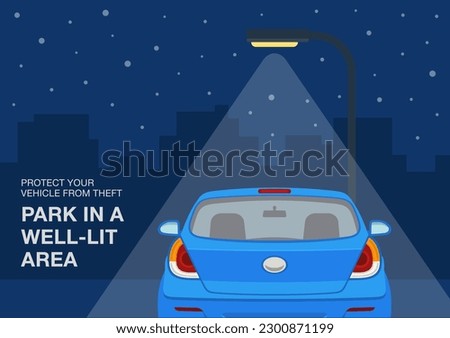 Car theft safety tips. Safe parking area at night. Protect vehicle from theft, park in a well-lit area. Close-up back view of a car. Flat vector illustration template.