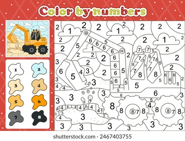 Car themed coloring page by number for kids with cute excavator, printable educational worksheet in cartoon style 
