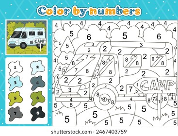 Car themed coloring page by number for kids with van truck or RV car for delivery or camping, printable educational worksheet in cartoon style 