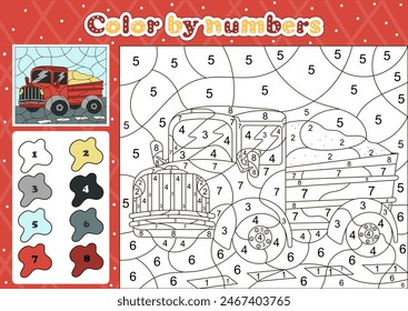 Car themed coloring page by number for kids with dump truck full of sand for delivery on road, printable educational worksheet in cartoon style 