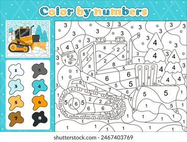 Car themed coloring page by number for kids with bulldozer clearing snow away, printable educational worksheet in cartoon style 