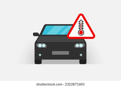 Car and thermometer showing high temperature on warning triangle sign. Concept of defective air conditioner  or faulty climate control system inside motor vehicle, car engine overheating