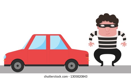Car thief cartoon. character design. car vector. free space for text. wallpaper. copy space.
