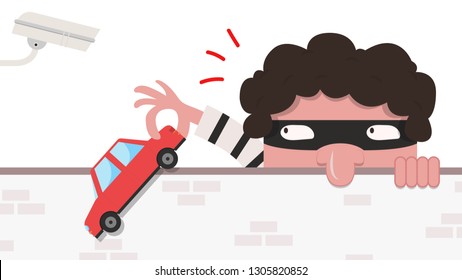 Car thief cartoon. character design. car vector. free space for text. wallpaper. copy space. closed circuit camera.