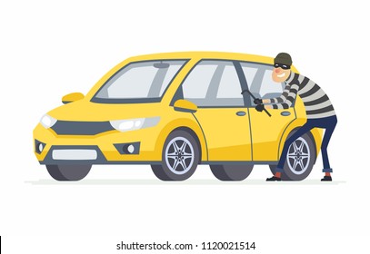 Car thief - cartoon people characters illustration isolated on white background. High quality composition with a criminal, burglar breaking into a yellow car with a crowbar. Vehicle insurance concept