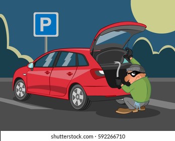 Car Thief Gets In The Car At Night At Parking Lot