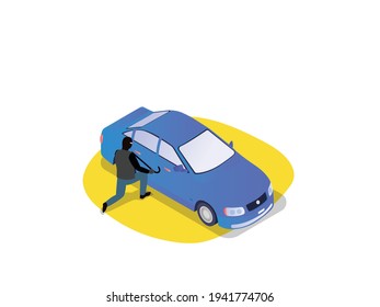 Ladrón de coches concepto vectorial 3d isométrico para banner, sitio web, ilustración, página de aterrizaje, volante, etc.