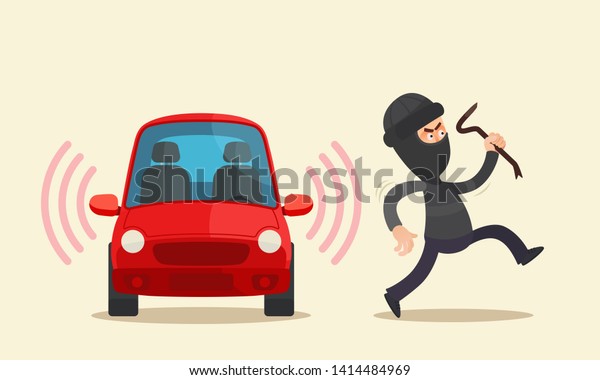 Car thief running away from alarmed\
car. Car theft. Car alarm system concept. Insurance. Vector\
illustration, flat cartoon style. Isolated\
background.