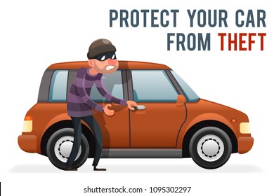 Car thief steal automobile robber robbery purse character isolated icon cartoon design vector illustration