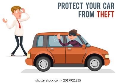 Car Thief Steal Automobile Robber Robbery Purse Character Isolated Icon Cartoon Design Vector Illustration