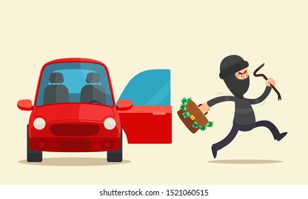 Car thief stole a bag with money from the car. Burglar with briefcase running away from red car with broken door. Vector illustration, flat design, cartoon style. Isolated background.