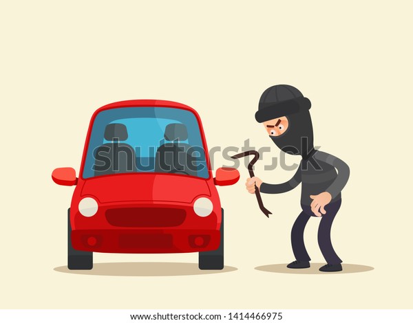 Car thief trying open car door. Car theft.\
Car Insurance. Vector illustration, flat cartoon style. Isolated\
background.