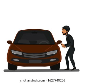 A car thief is trying to steal a car. Vector illustration.