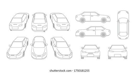 Car Thin Line Drawing Different View Set