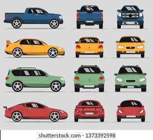 Car in three positions. Four types of city cars. Vector isolated illustration