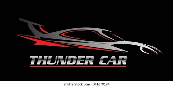 car. thunder car. car illustration, car icon over the black background, drawing, outline. combine with the silver metallic text