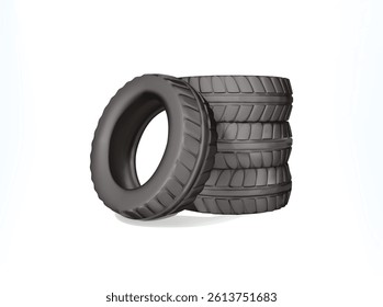 car tire 3d icon. Stack of Four Black Rubber Tires isolated vector 3d illustration.