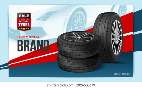 Car tire advertising poster. Black rubber tire. Realistic vector. Wheel tire tracks background design. Automotive banners template. 