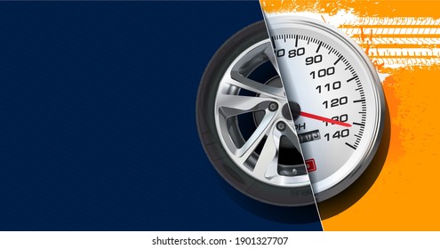 Car tire background. Speed race. Speedometer with isolated wheel. Change a car tires from summer for winter. Realistic vector. Information. Store. Action. Landscape poster, digital banner, flyer.