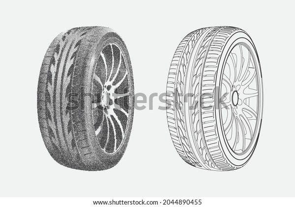 Car tire with cast\
chrome wheel. Linear drawing in vector. Tire frame. Point drawing.\
Airbrushing. Half Ton. High detailing of rubber. Grunge effect.\
Wireframe painting.