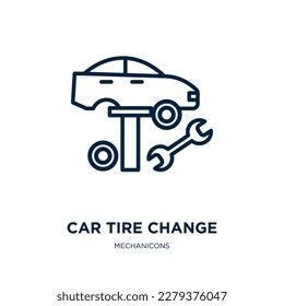 car tire change icon from mechanicons collection. Thin linear car tire change, auto, vehicle outline icon isolated on white background. Line vector car tire change sign, symbol for web and mobile