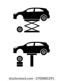 Cambio de neumáticos de coche utilizando gatos de coche hidráulicos, ilustración de icono.