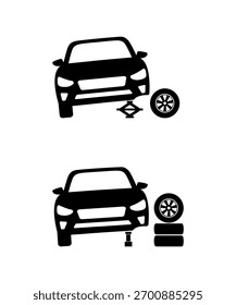 Cambio de neumáticos de coche con gato de coche, conjunto de dos ilustraciones de iconos simples.