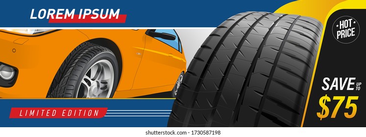 Car tire closeup in vector. Advertising banner, outdoor advertising, printing. Wheel tread. Replacing tires, summer winter. Landscape poster, digital banner, flyer, booklet, brochure and web design.