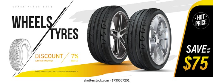 Car tire closeup in vector. Advertising banner, outdoor advertising, printing. Wheel tread. Replacing tires, summer winter. Landscape poster, digital banner, flyer, booklet, brochure and web design.