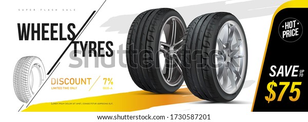 Car tire closeup in vector. Advertising banner,\
outdoor advertising, printing. Wheel tread. Replacing tires, summer\
winter. Landscape poster, digital banner, flyer, booklet, brochure\
and web design.