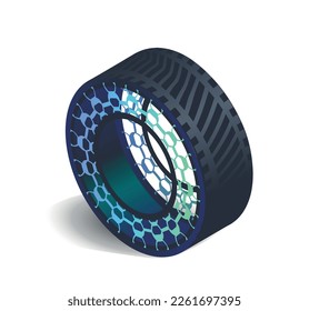 Concepto de neumático de coche. Análisis de caucho, moléculas y estructura, rueda para auto. Innovaciones y tecnologías modernas. Ilustraciones vectoriales isométricas realistas aisladas en fondo blanco