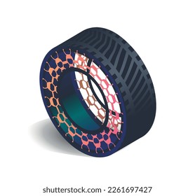 Car tire concept. Structure and molecules of rubber protector, machine part, vehicle repair. Racing and road grip. Realistic isometric vector illustrations isolated on white background