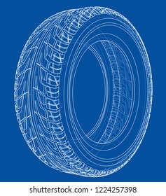 Car tire concept. Vector rendering of 3d. Wire-frame style. The layers of visible and invisible lines are separated