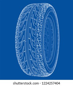 Car tire concept. Vector rendering of 3d. Wire-frame style. The layers of visible and invisible lines are separated