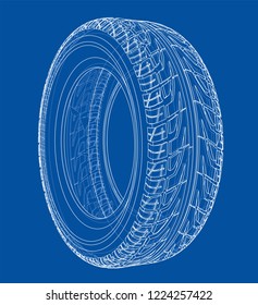 Car tire concept. Vector rendering of 3d. Wire-frame style. The layers of visible and invisible lines are separated