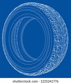 Car tire concept. Vector rendering of 3d. Wire-frame style. The layers of visible and invisible lines are separated