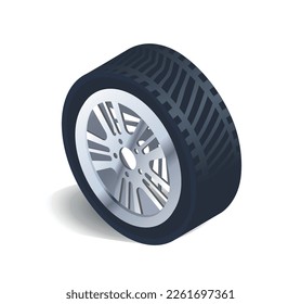 Car tire concept. Wheel of vehicle and transport, machine part for repair. Tuning and modernization of protector. Realistic isometric vector illustrations isolated on white background