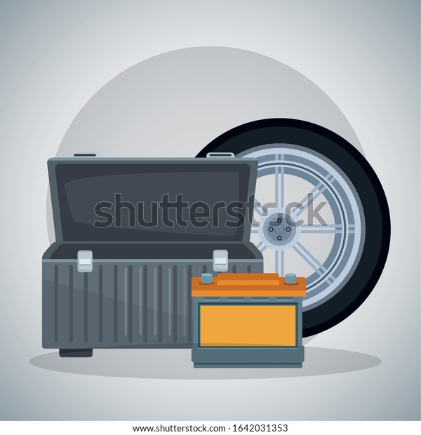 car tire with empty\
tools box and battery over gray background, colorful design, vector\
illustration