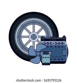 car tire with engine parts icon over white background, vector illustration