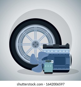 car tire with engine and propeller over gray background, colorful design, vector illustration