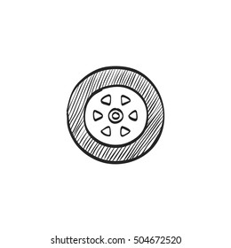 Car tire icon in doodle sketch lines. Auto transportation wheel rubber