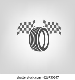 Car tire icon with finish flags in grey colours useful for icon and logotype design on a light background. Realistic graphic style. Transportation automotive concept. Beautiful vector illustration