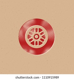 Car tire icon in halftone style. Grunge background vector illustration.